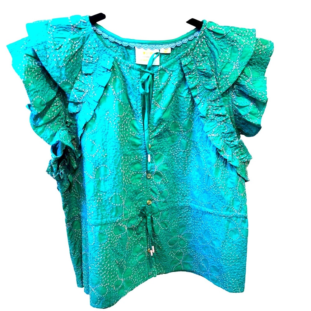 Maeve Anthropologie Emerald Green Embroidered Ruffle Sleeve Peplum Top L - Picture 5 of 8